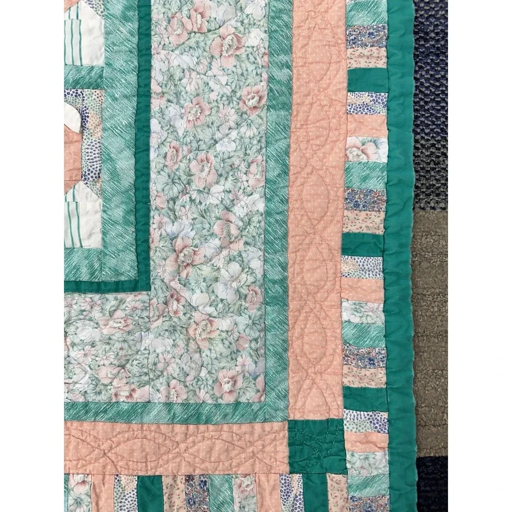 Handmade Teddy Bear Quilt Pastel Floral Patchwork‎ Baby Crib Blanket Pink Green
